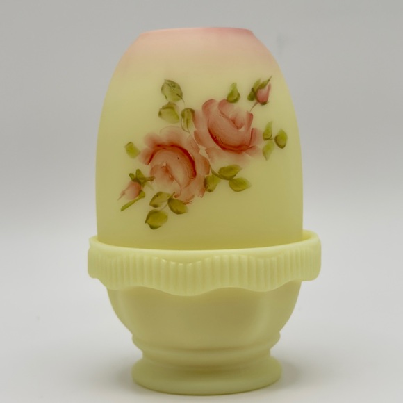 Fenton Other - FENTON Burmese Uranium Custard Glass 2 PC Fairy Lamp Hand Painted Roses G. Finn